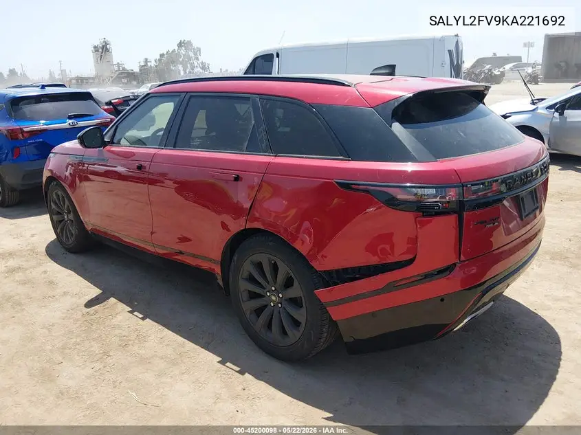 2019 Land Rover Range Rover Velar P340 R-Dynamic Se/P380 R-Dynamic Se VIN: SALYL2FV9KA221692 Lot: 45200098
