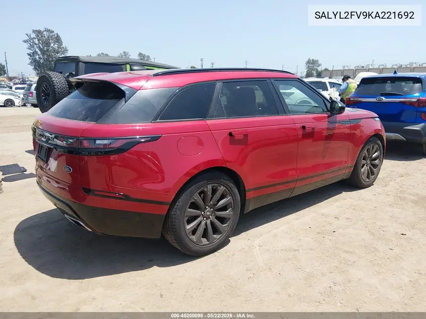 2019 Land Rover Range Rover Velar P340 R-Dynamic Se/P380 R-Dynamic Se VIN: SALYL2FV9KA221692 Lot: 45200098
