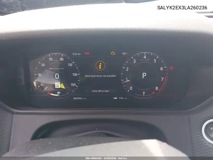 2020 Land Rover Range Rover Velar P250 R-Dynamic S VIN: SALYK2EX3LA260236 Lot: 44963455