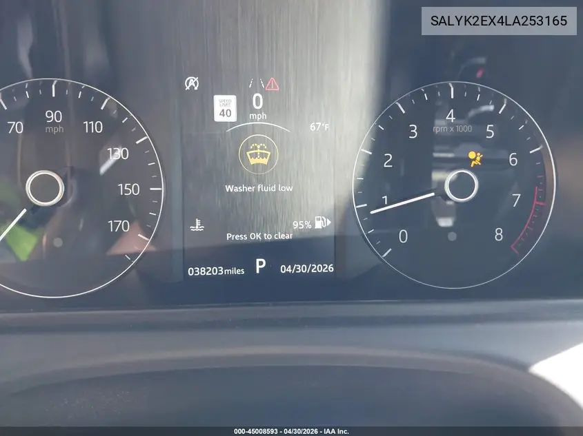 2020 Land Rover Range Rover Velar P250 R-Dynamic S VIN: SALYK2EX4LA253165 Lot: 45008593