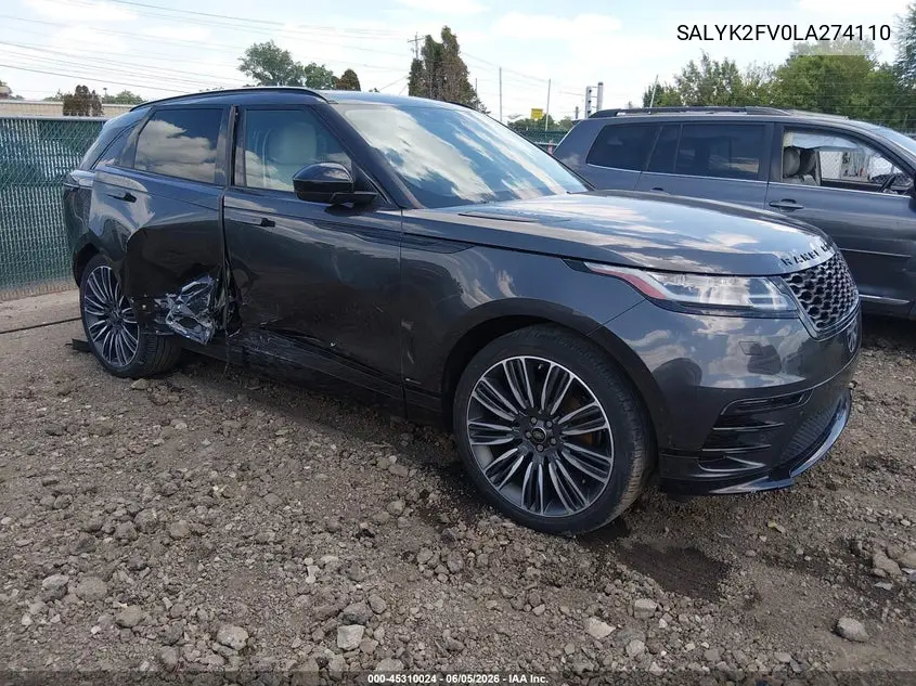 2020 Land Rover Range Rover Velar P340 R-Dynamic S VIN: SALYK2FV0LA274110 Lot: 45310024