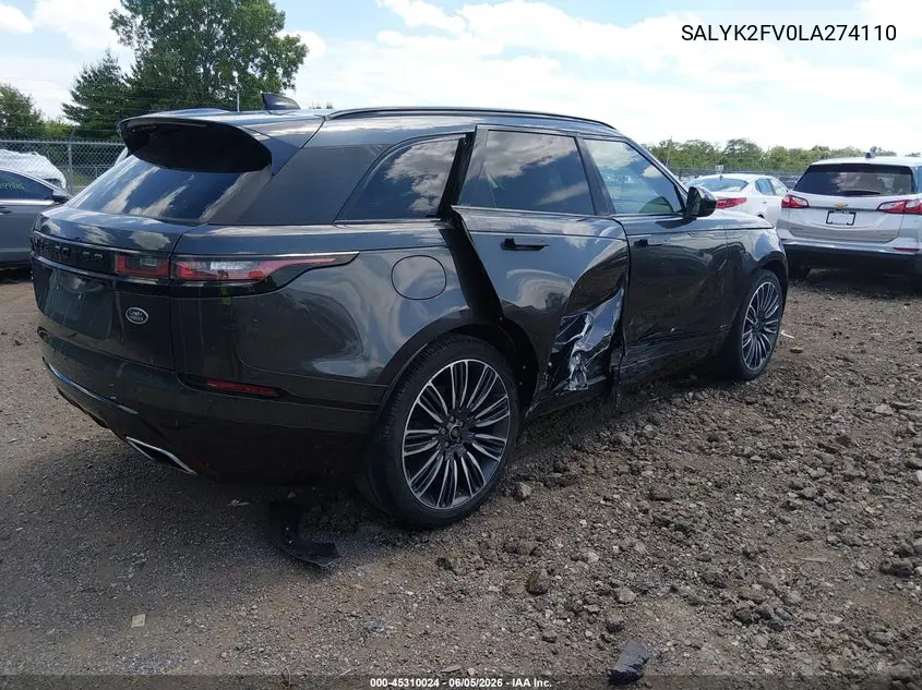 2020 Land Rover Range Rover Velar P340 R-Dynamic S VIN: SALYK2FV0LA274110 Lot: 45310024