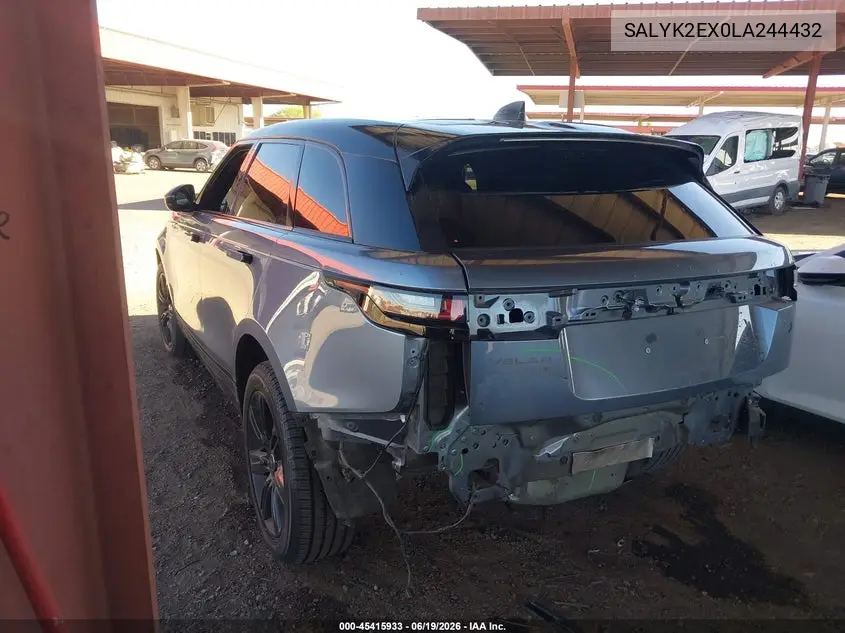 2020 Land Rover Range Rover Velar P250 R-Dynamic S VIN: SALYK2EX0LA244432 Lot: 45415933