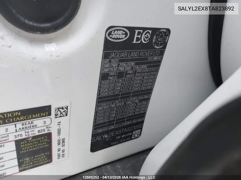 2026 Land Rover Range Rover Velar Dynamic Se P250 Gas VIN: SALYL2EX8TA823892 Lot: 12585252