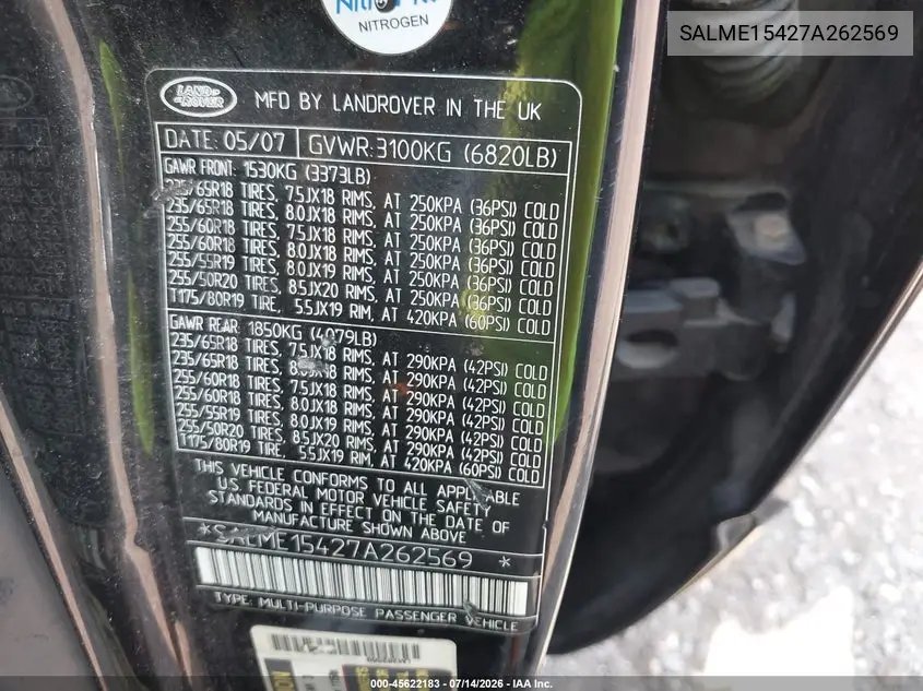 2007 Land Rover Range Rover Hse VIN: SALME15427A262569 Lot: 45622183