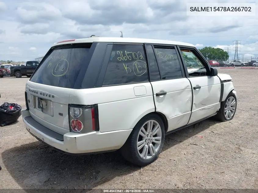 2008 Land Rover Range Rover Hse VIN: SALME15478A266702 Lot: 45422541