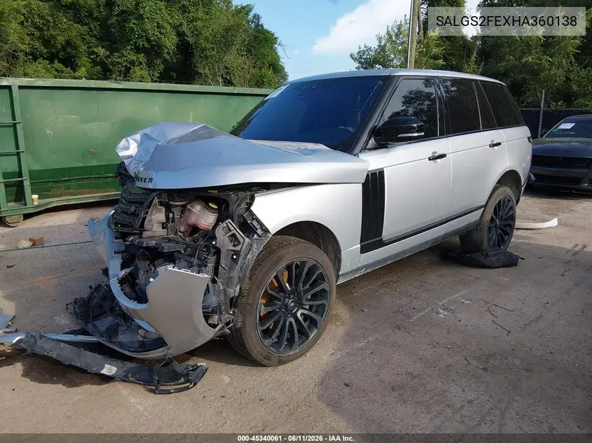 2017 Land Rover Range Rover 5.0L V8 Supercharged VIN: SALGS2FEXHA360138 Lot: 45340061