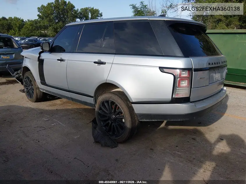 2017 Land Rover Range Rover 5.0L V8 Supercharged VIN: SALGS2FEXHA360138 Lot: 45340061