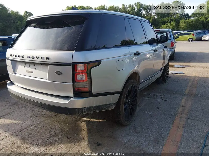 2017 Land Rover Range Rover 5.0L V8 Supercharged VIN: SALGS2FEXHA360138 Lot: 45340061