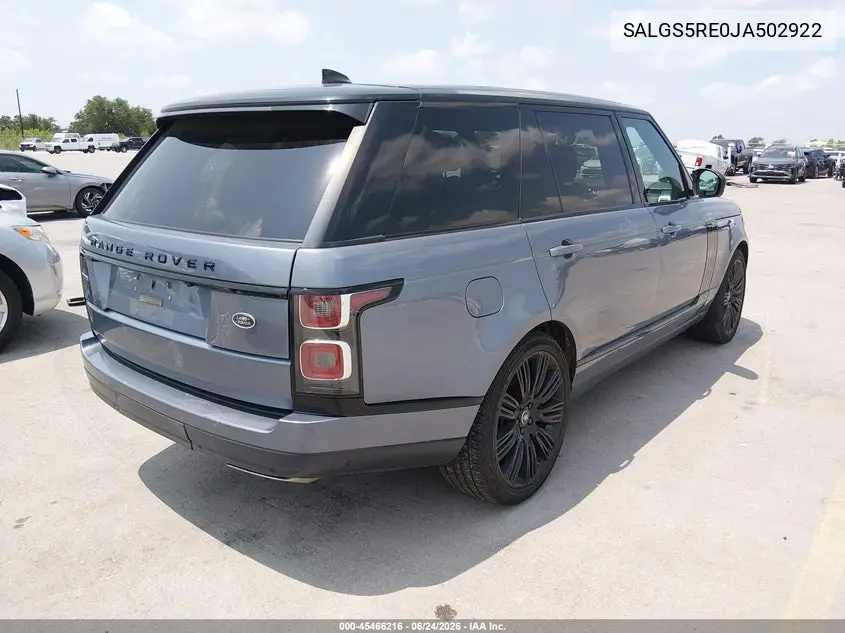 2018 Land Rover Range Rover 5.0L V8 Supercharged VIN: SALGS5RE0JA502922 Lot: 45466216