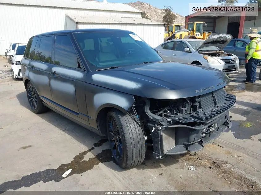 2019 Land Rover Range Rover 3.0L V6 Turbocharged Diesel Hse Td6 VIN: SALGS2RK3KA531028 Lot: 45656371