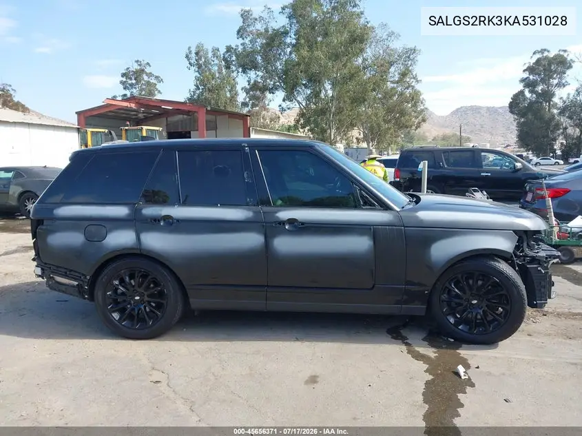 2019 Land Rover Range Rover 3.0L V6 Turbocharged Diesel Hse Td6 VIN: SALGS2RK3KA531028 Lot: 45656371