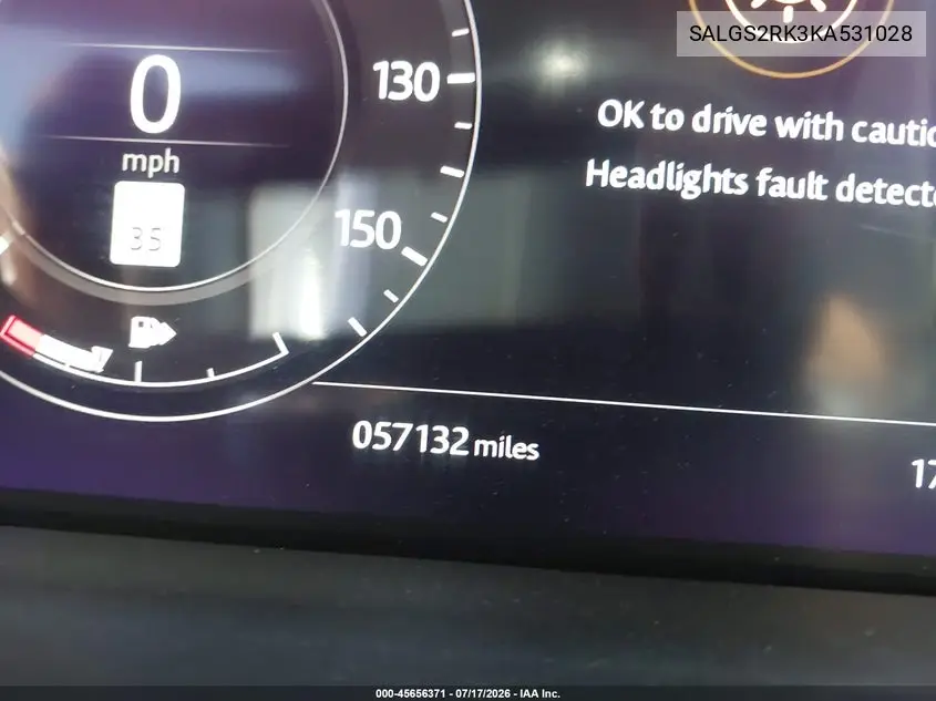 2019 Land Rover Range Rover 3.0L V6 Turbocharged Diesel Hse Td6 VIN: SALGS2RK3KA531028 Lot: 45656371