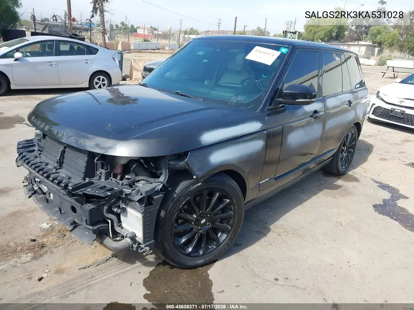 2019 Land Rover Range Rover 3.0L V6 Turbocharged Diesel Hse Td6 VIN: SALGS2RK3KA531028 Lot: 45656371