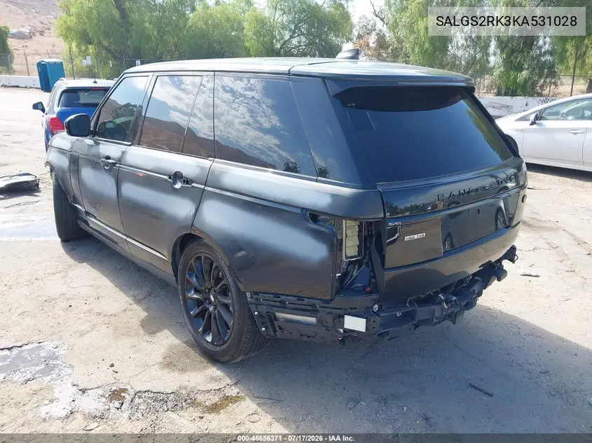 2019 Land Rover Range Rover 3.0L V6 Turbocharged Diesel Hse Td6 VIN: SALGS2RK3KA531028 Lot: 45656371