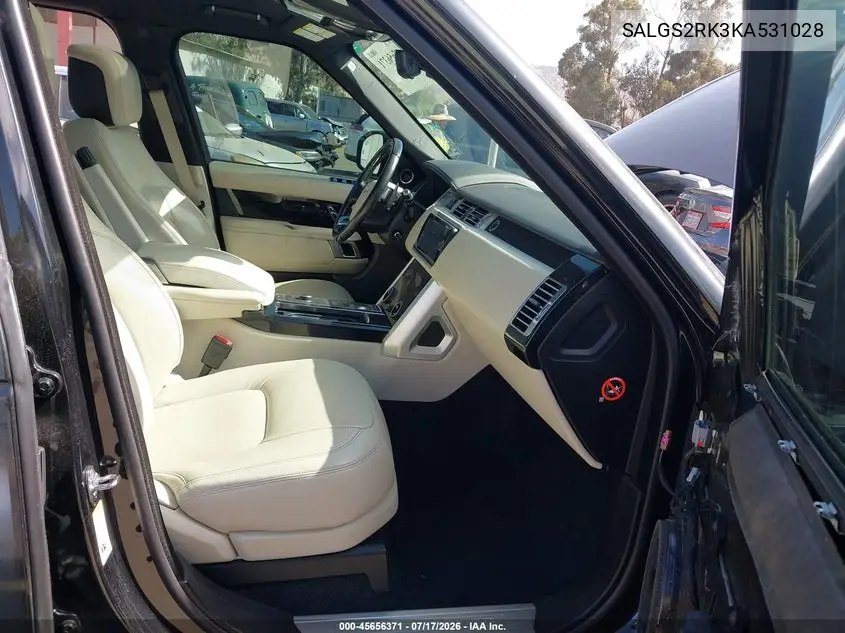 2019 Land Rover Range Rover 3.0L V6 Turbocharged Diesel Hse Td6 VIN: SALGS2RK3KA531028 Lot: 45656371