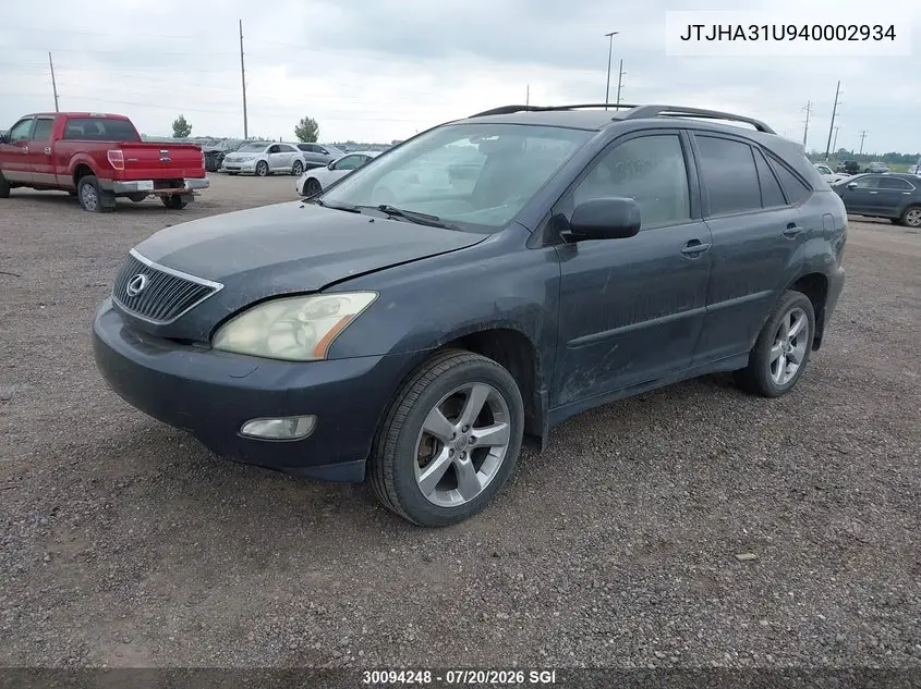 2004 Lexus Rx 330 VIN: JTJHA31U940002934 Lot: 30094248