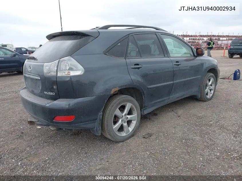 2004 Lexus Rx 330 VIN: JTJHA31U940002934 Lot: 30094248