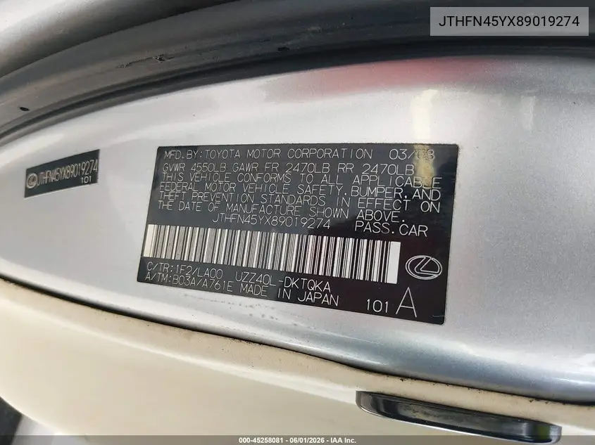2008 Lexus Sc 430 VIN: JTHFN45YX89019274 Lot: 45258081