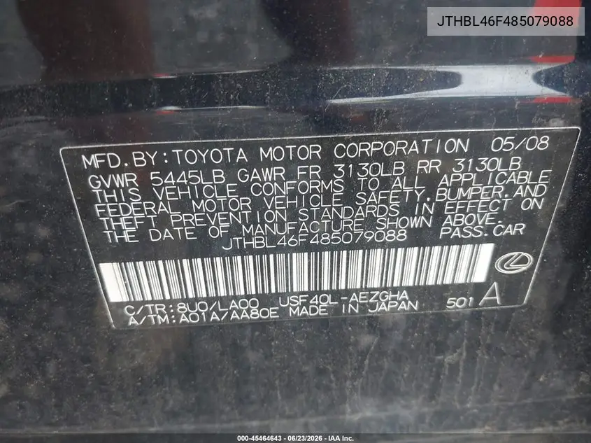 2008 Lexus Ls 460 VIN: JTHBL46F485079088 Lot: 45464643