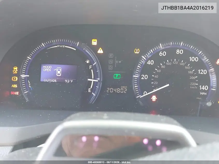 2010 Lexus Hs 250H Premium VIN: JTHBB1BA4A2016219 Lot: 45365013