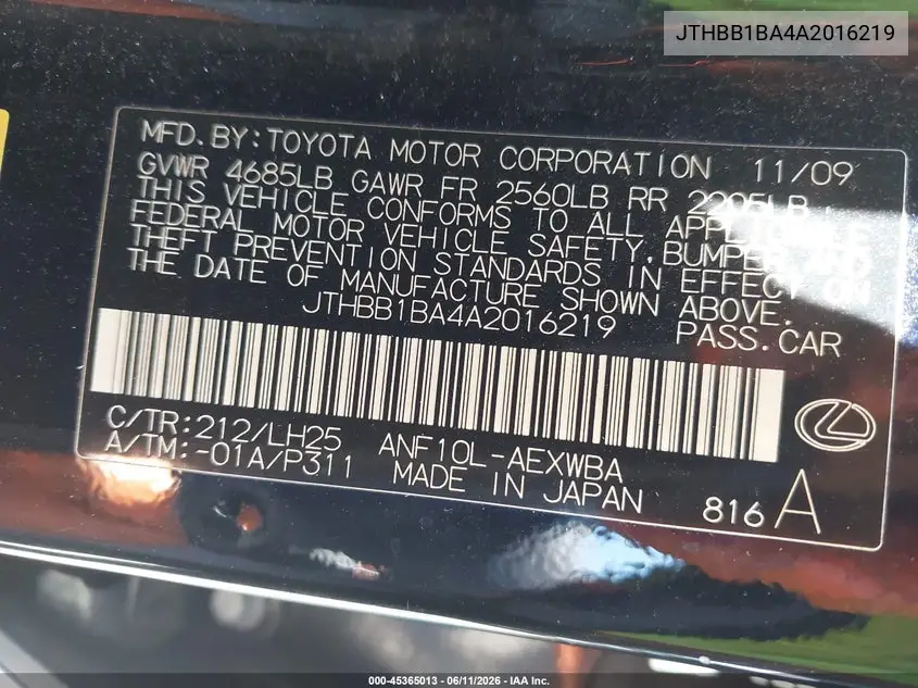 2010 Lexus Hs 250H Premium VIN: JTHBB1BA4A2016219 Lot: 45365013