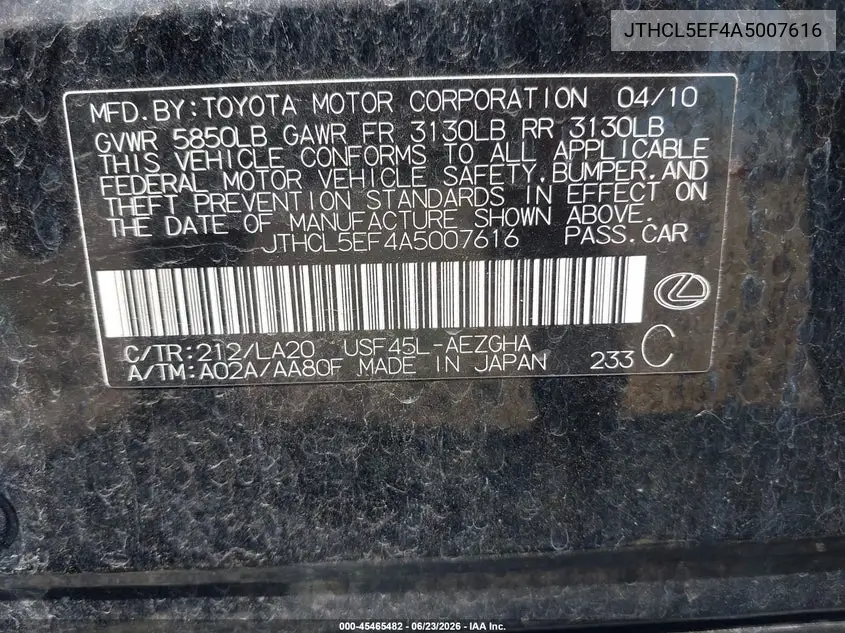 2010 Lexus Ls 460 VIN: JTHCL5EF4A5007616 Lot: 45465482