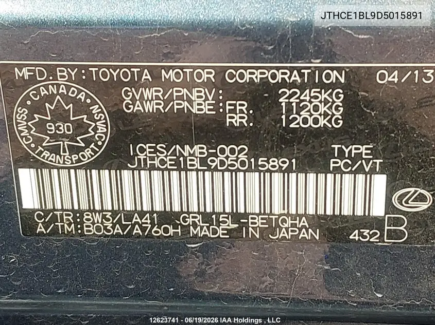 2013 Lexus Gs 350 350 VIN: JTHCE1BL9D5015891 Lot: 12623741