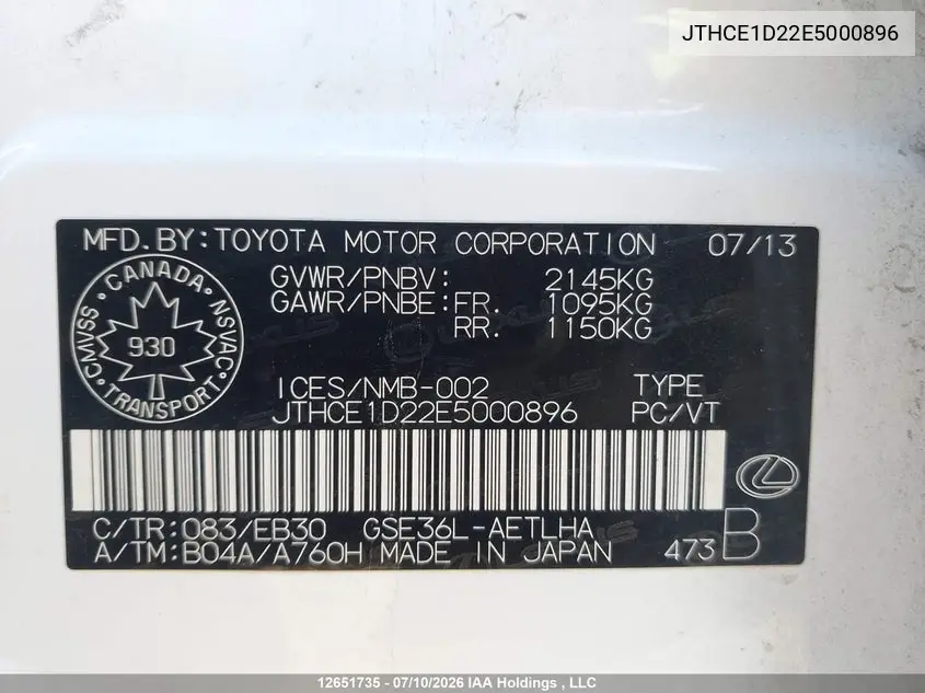 2014 Lexus Is 350 VIN: JTHCE1D22E5000896 Lot: 12651735