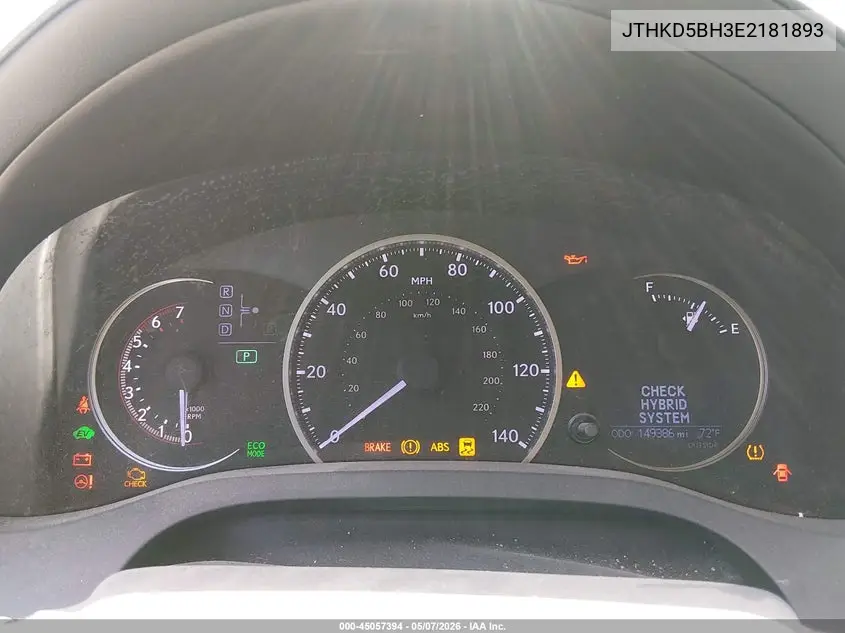 2014 Lexus Ct 200H VIN: JTHKD5BH3E2181893 Lot: 45057394
