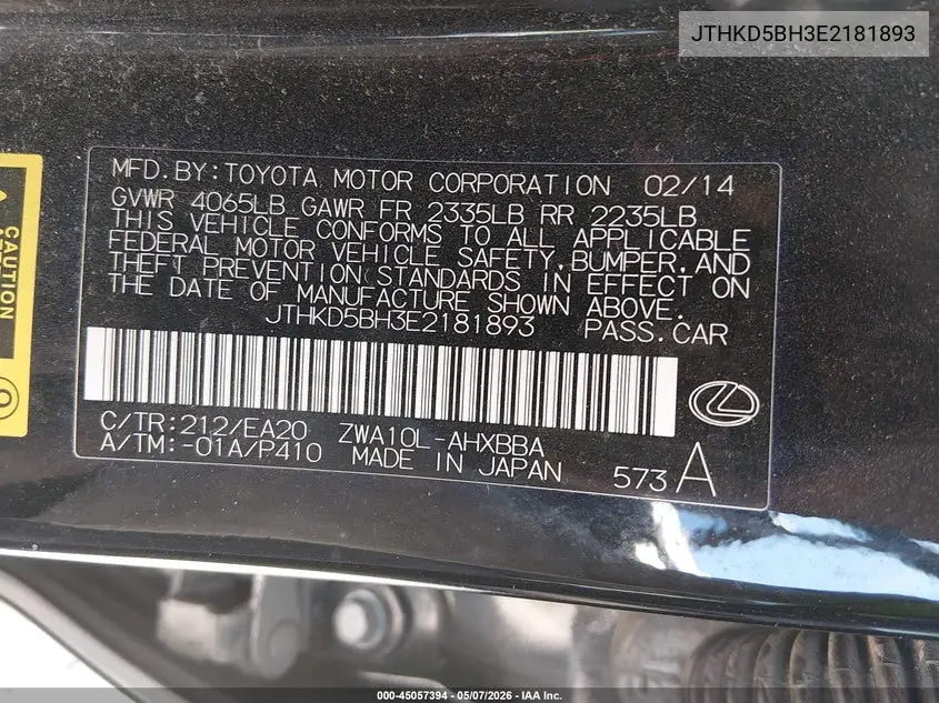 2014 Lexus Ct 200H VIN: JTHKD5BH3E2181893 Lot: 45057394