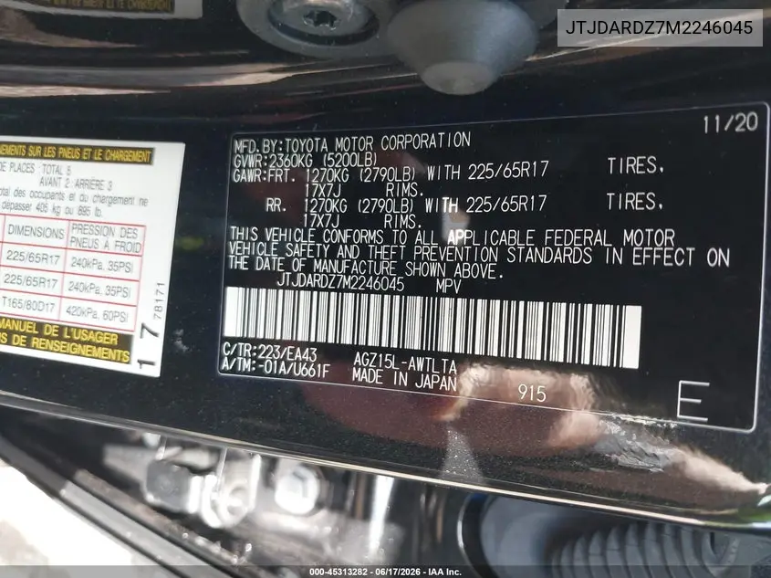 2021 Lexus Nx 300 VIN: JTJDARDZ7M2246045 Lot: 45313282
