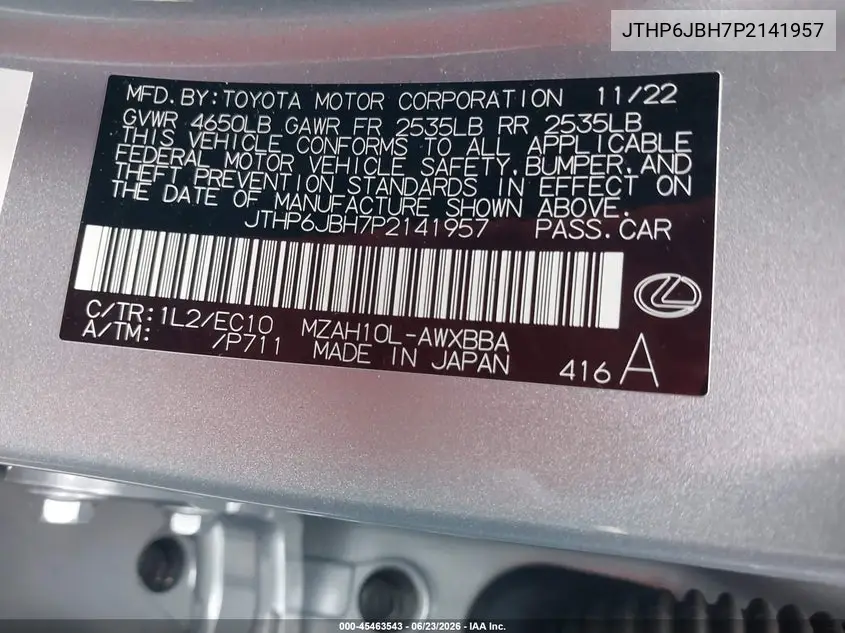 2023 Lexus Ux 250H Premium VIN: JTHP6JBH7P2141957 Lot: 45463543