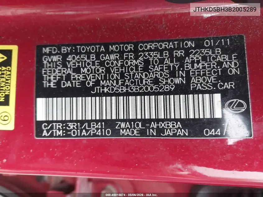 2011 Lexus Ct 200H Premium VIN: JTHKD5BH3B2005289 Lot: 45015674