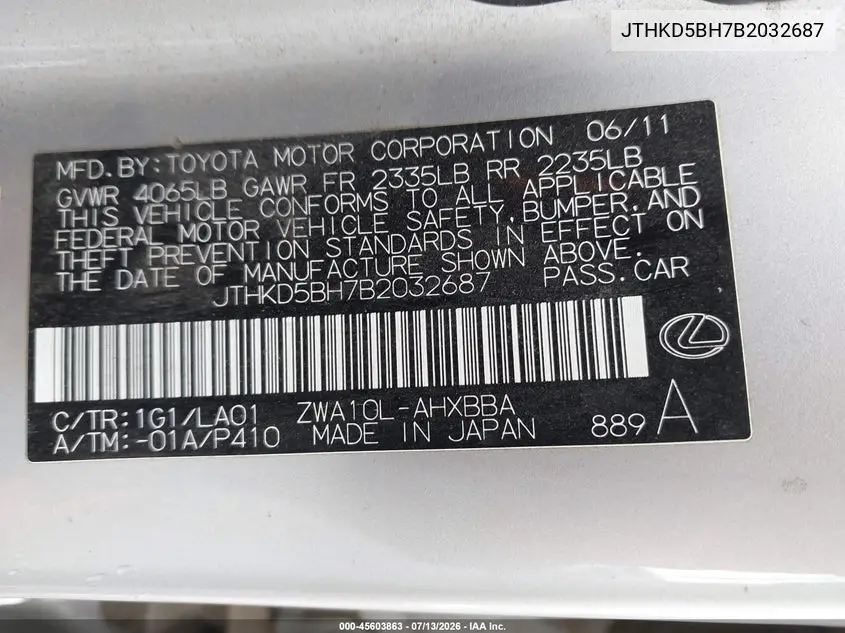 2011 Lexus Ct 200H Premium VIN: JTHKD5BH7B2032687 Lot: 45603863