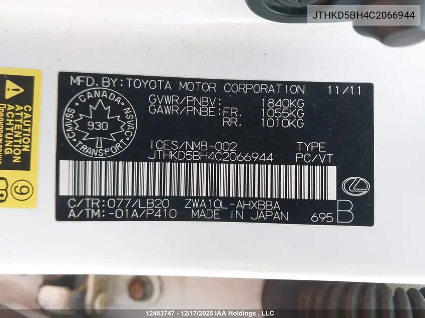 2012 Lexus Ct 200 VIN: JTHKD5BH4C2066944 Lot: 12483747