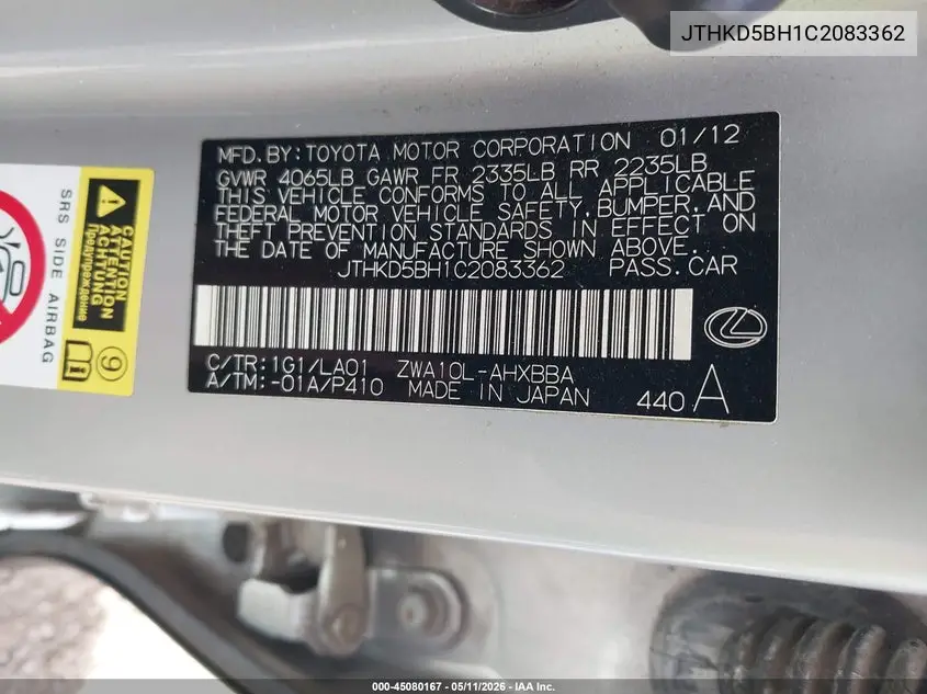 2012 Lexus Ct 200H Premium VIN: JTHKD5BH1C2083362 Lot: 45080167