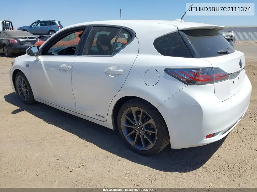 2012 Lexus Ct 200H Premium VIN: JTHKD5BH7C2111374 Lot: 45286006