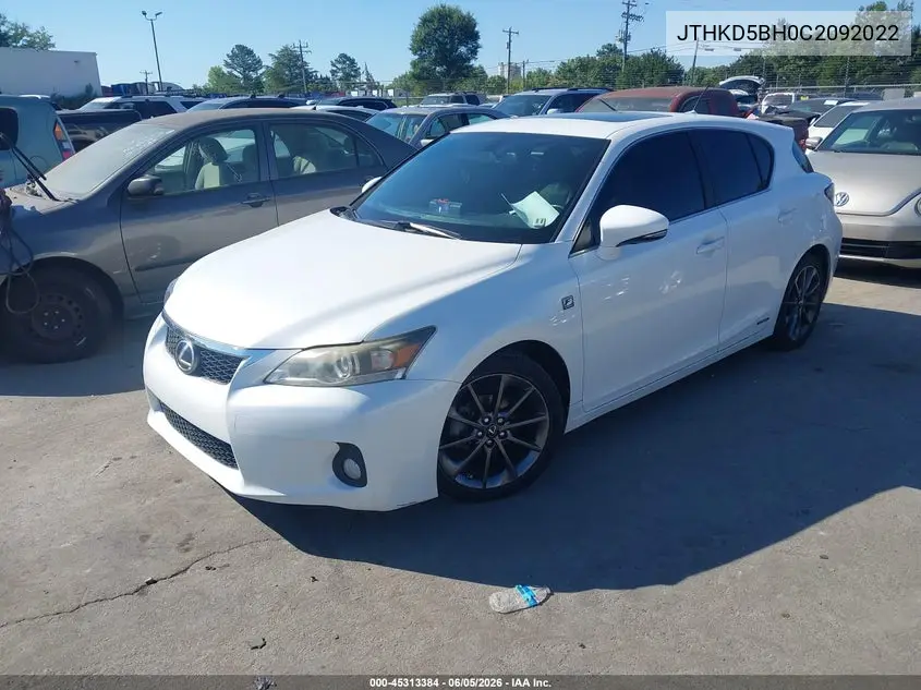 2012 Lexus Ct 200H Premium VIN: JTHKD5BH0C2092022 Lot: 45313384