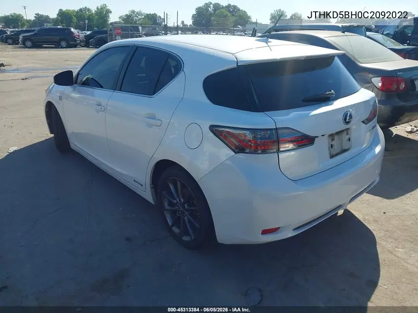 2012 Lexus Ct 200H Premium VIN: JTHKD5BH0C2092022 Lot: 45313384