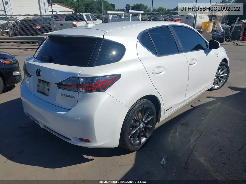 2012 Lexus Ct 200H Premium VIN: JTHKD5BH0C2092022 Lot: 45313384