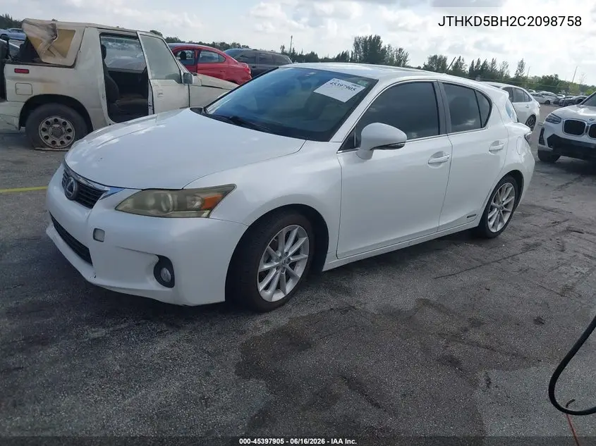 2012 Lexus Ct 200H Premium VIN: JTHKD5BH2C2098758 Lot: 45397905