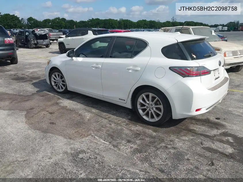 2012 Lexus Ct 200H Premium VIN: JTHKD5BH2C2098758 Lot: 45397905