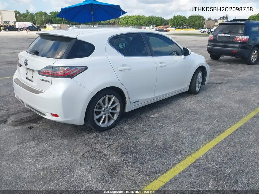 2012 Lexus Ct 200H Premium VIN: JTHKD5BH2C2098758 Lot: 45397905