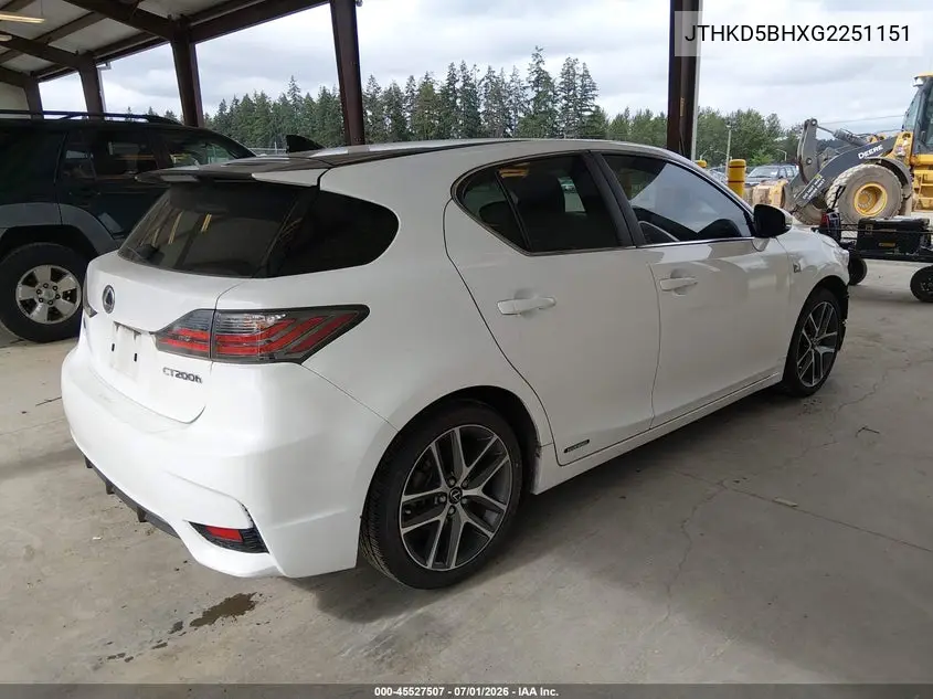 2016 Lexus Ct 200H VIN: JTHKD5BHXG2251151 Lot: 45527507