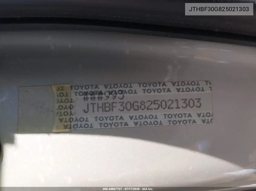 2002 Lexus Es 300 VIN: JTHBF30G825021303 Lot: 45667707