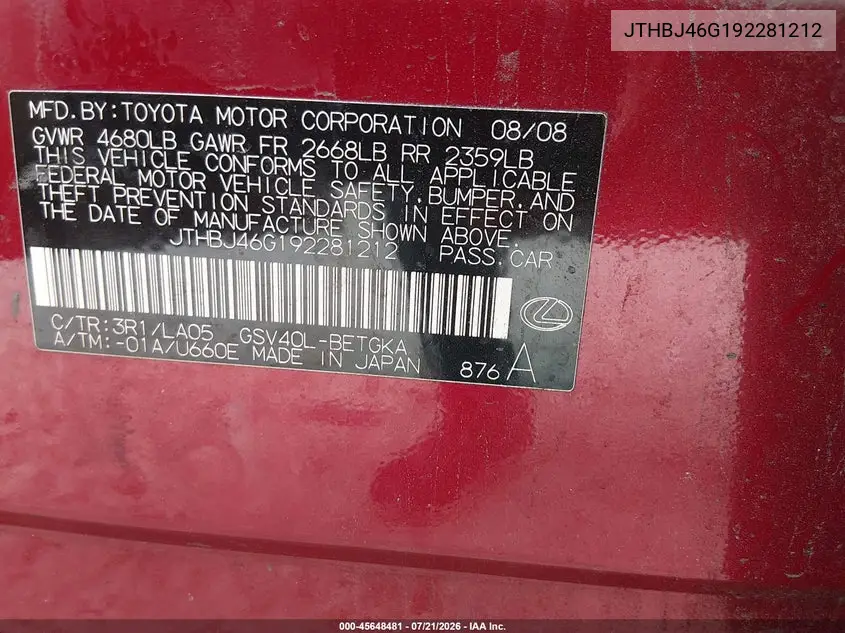 2009 Lexus Es 350 VIN: JTHBJ46G192281212 Lot: 45648481