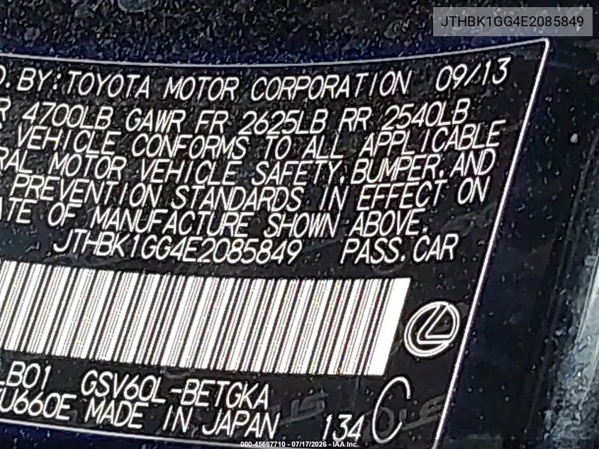 2014 Lexus Es 350 VIN: JTHBK1GG4E2085849 Lot: 45667710