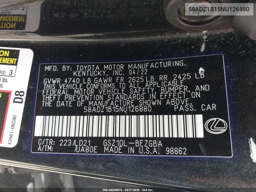 2022 Lexus Es 350 VIN: 58ADZ1B15NU126880 Lot: 45205978