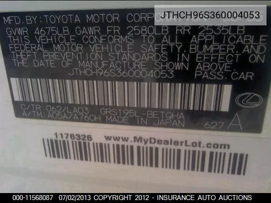2006 Lexus Gs300 Gen 2006 Gs 300 Awd VIN: JTHCH96S360004053 Lot: 11568087